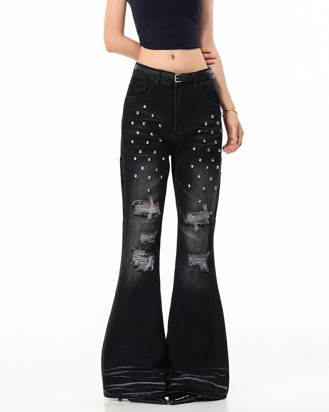 GOTHIC RIVET-STUDDED DISTRESSED FLARE JEANS - BLACK