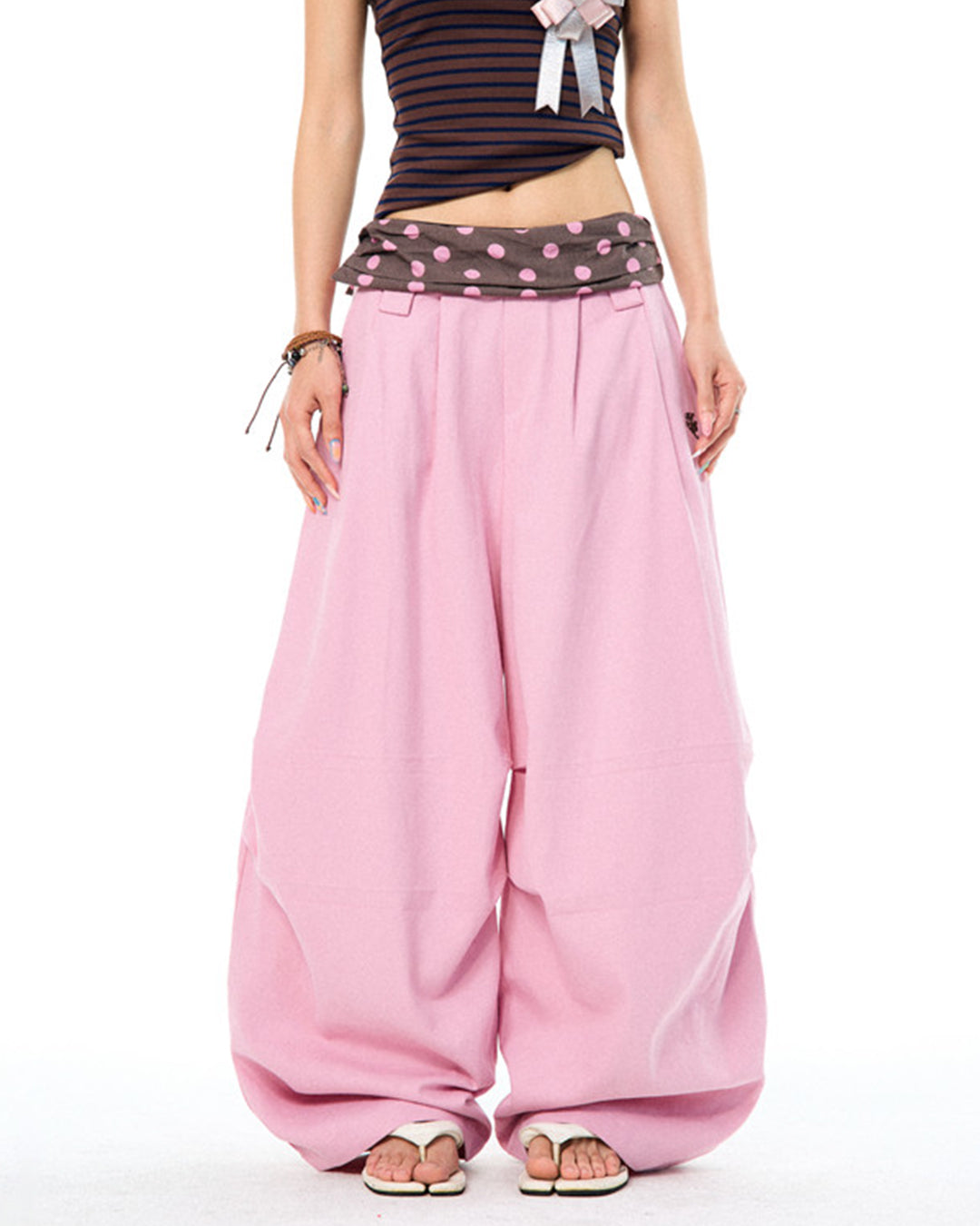 POLKA DOT FOLDOVER WAIST WIDE-LEG PANTS - PINK
