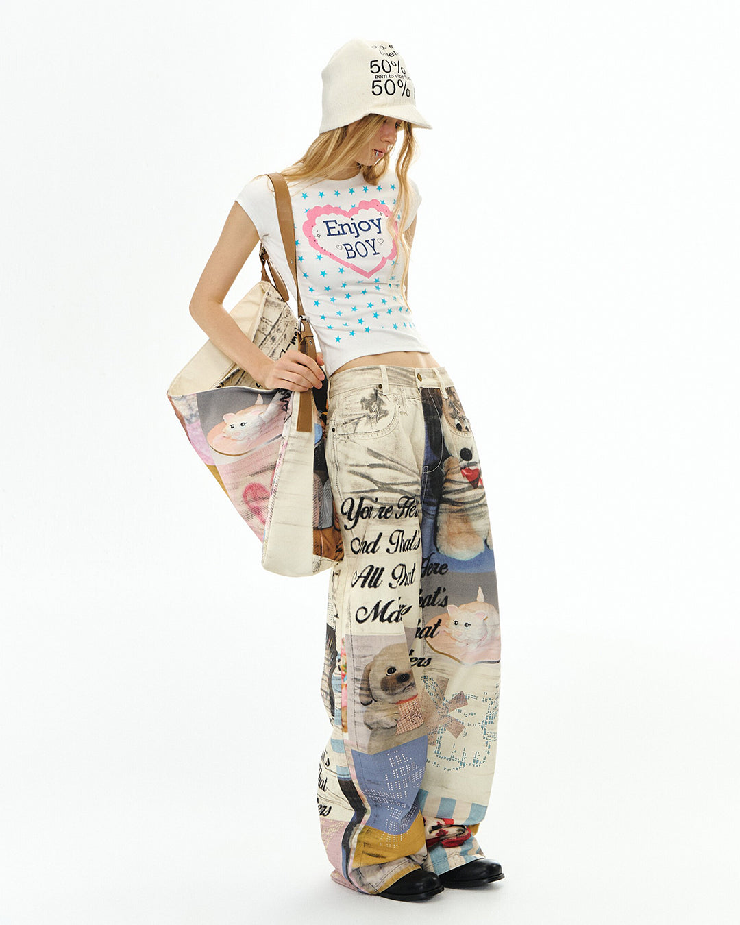 PLUSH PUPPY PRINT DENIM JEANS - OFF WHITE