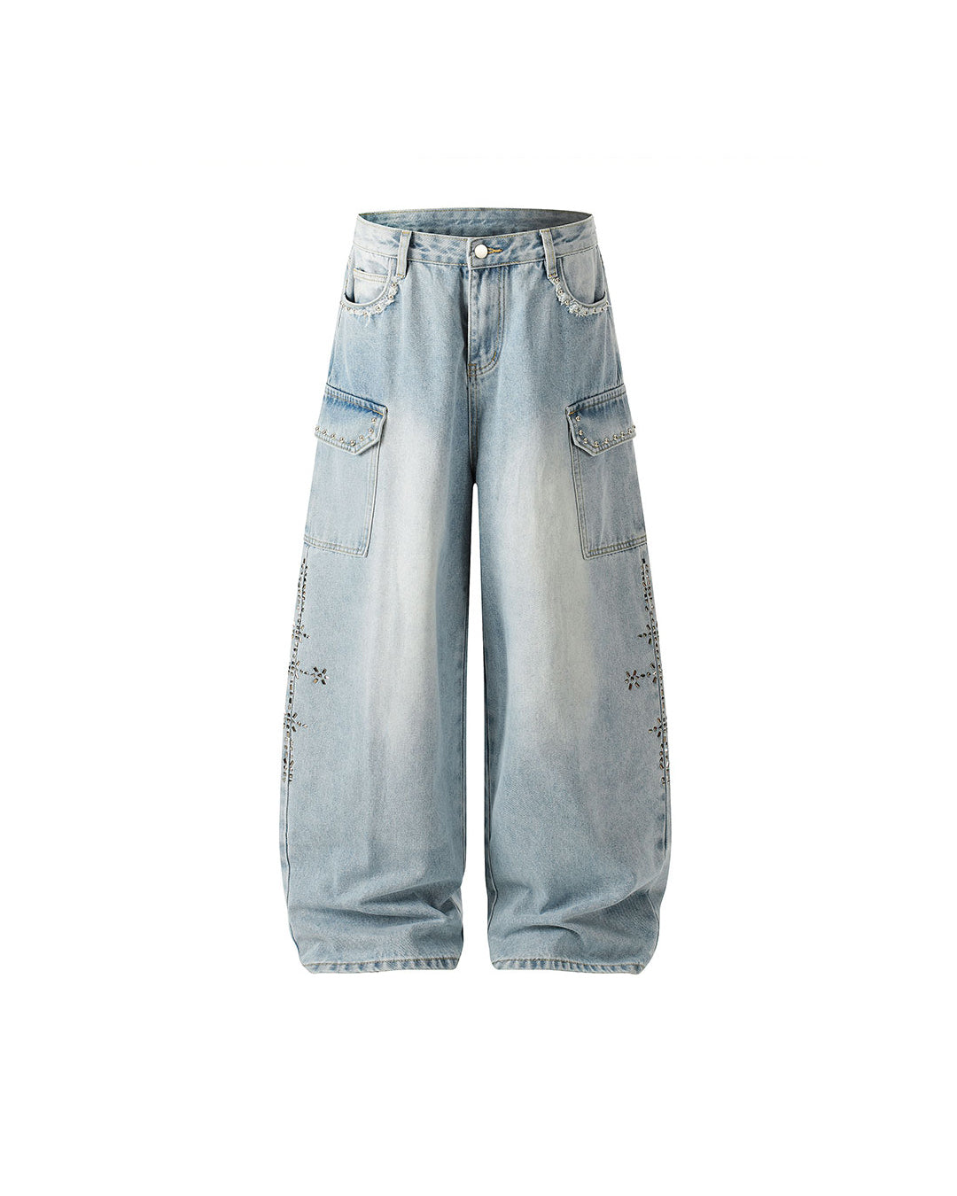 STUDDED WASHED CURVED DENIM JEANS - LIGHT BLUE