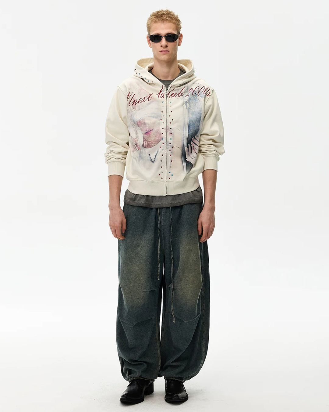 CROPPED RHINESTONE ZIP-UP HOODIES - Beige