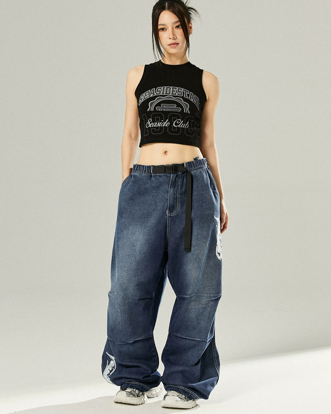 PATCH POCKET DENIM PARACHUTE PANTS - DEEP BLUE
