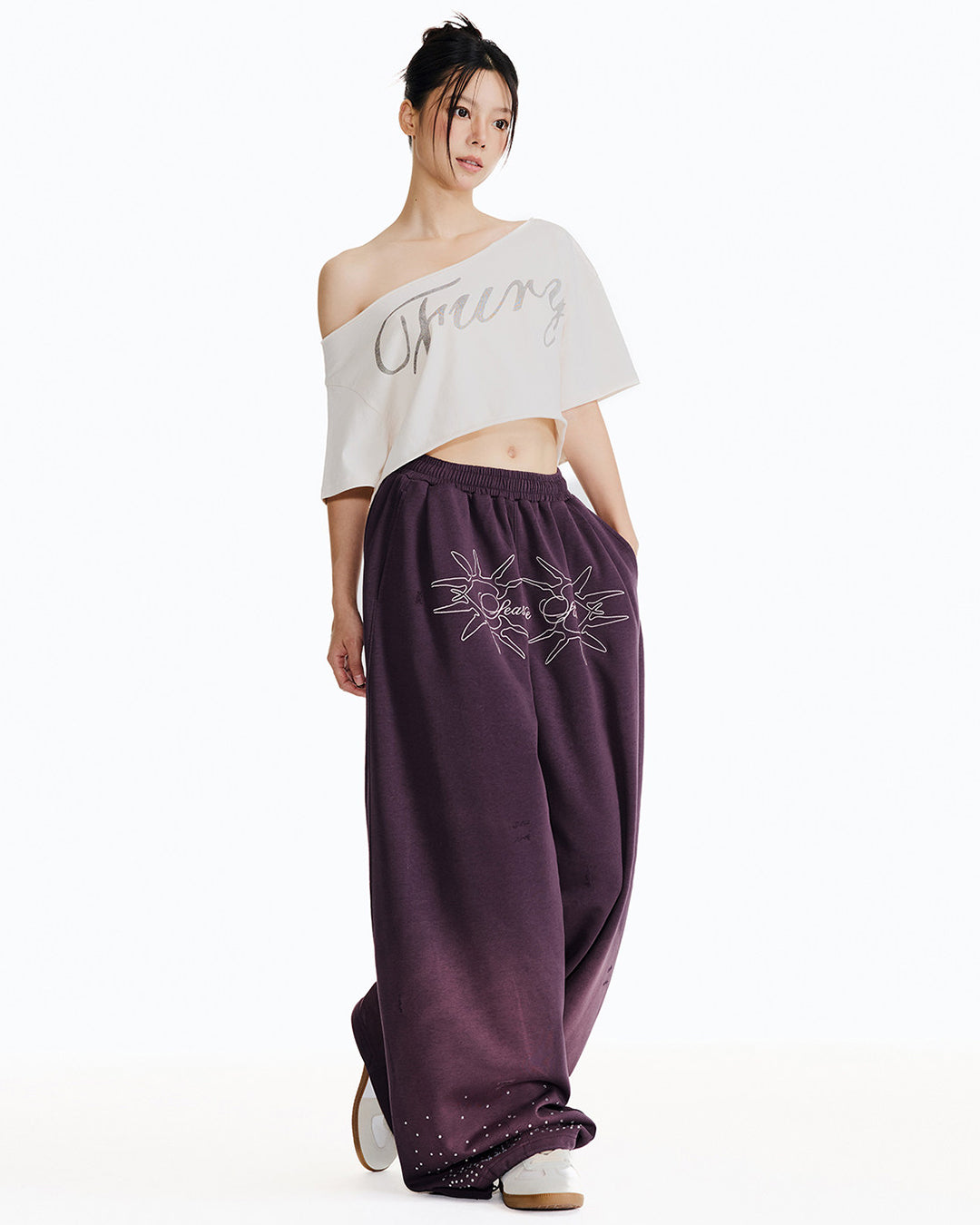 VINTAGE EMBROIDERED GRADIENT RHINESTONE SWEATS - PURPLE