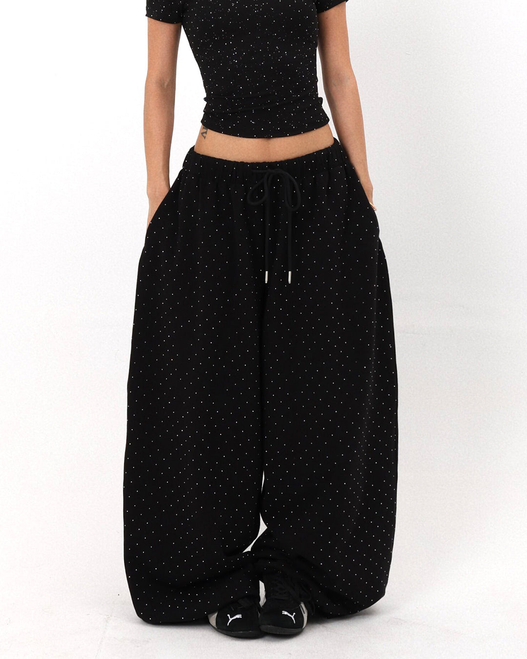 STARLIGHT RHINESTONE EMBELLISHED JAZZ PANTS - BLACK