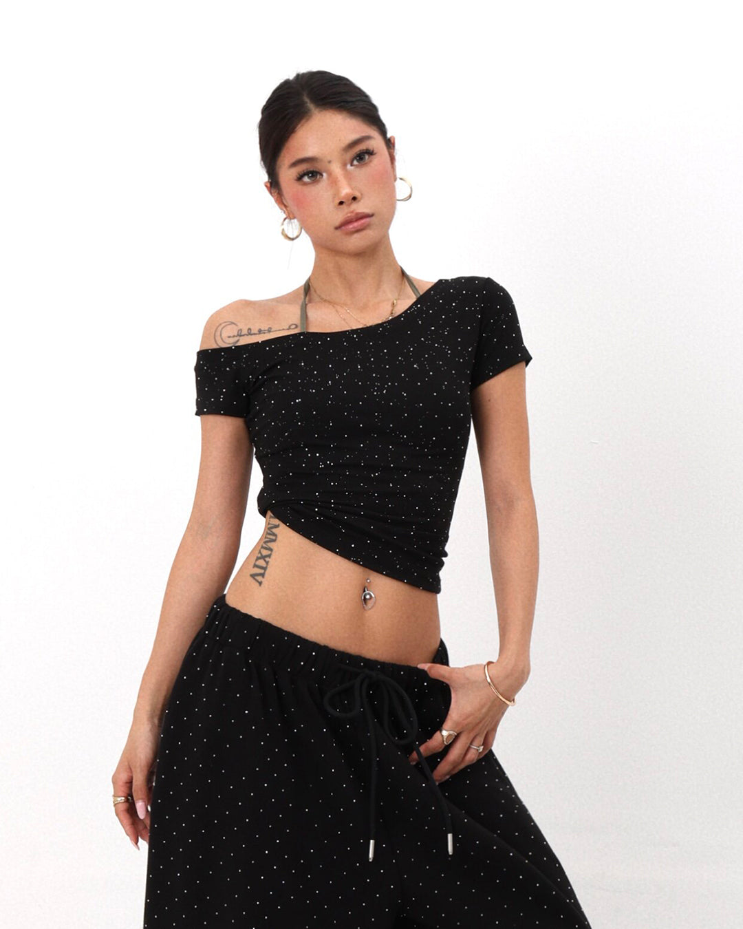 STARLIGHT RHINESTONE ONE-SHOULDER T-SHIRTS - BLACK