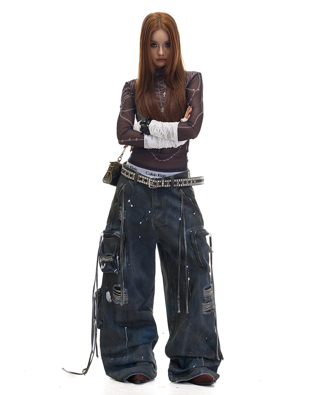 SPLATTER GRAFFITI RIPPED CARGO JEANS - BLUE