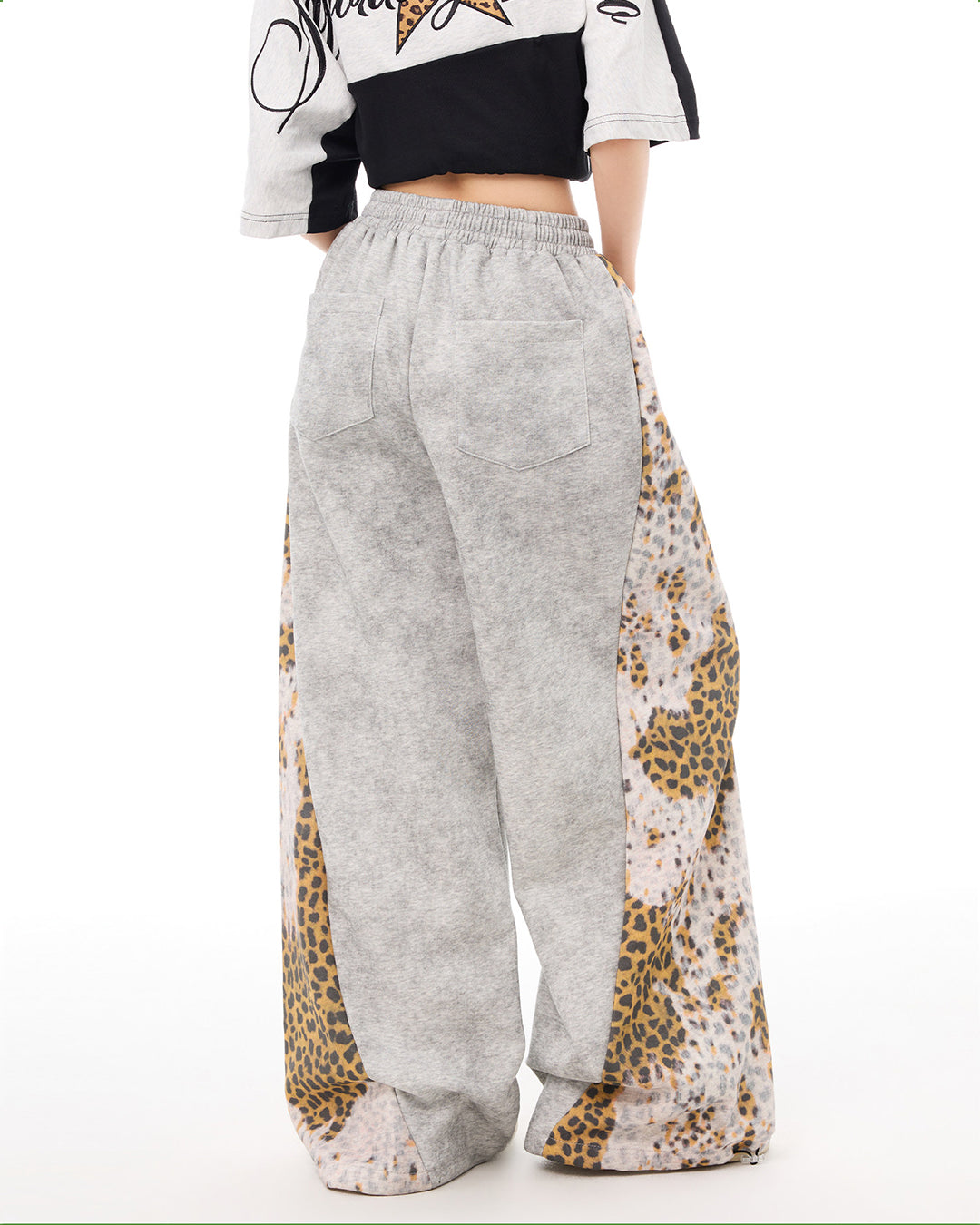 VINTAGE DIRTY-WASH LEOPARD PANEL BEADED JOGGERS - GREY