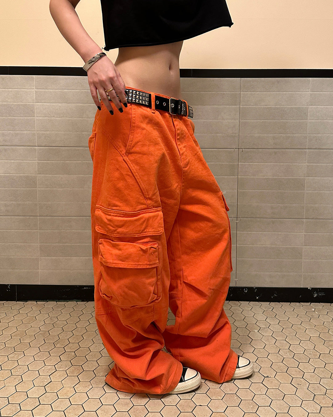 MULTI-POCKET WIDE LEG CARGO PANTS - ORANGE