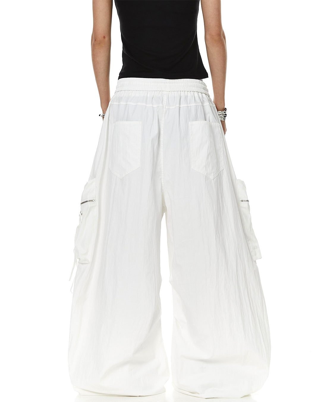 LETTER PRINT MULTI-POCKET PARACHUTE CARGO PANTS - WHITE