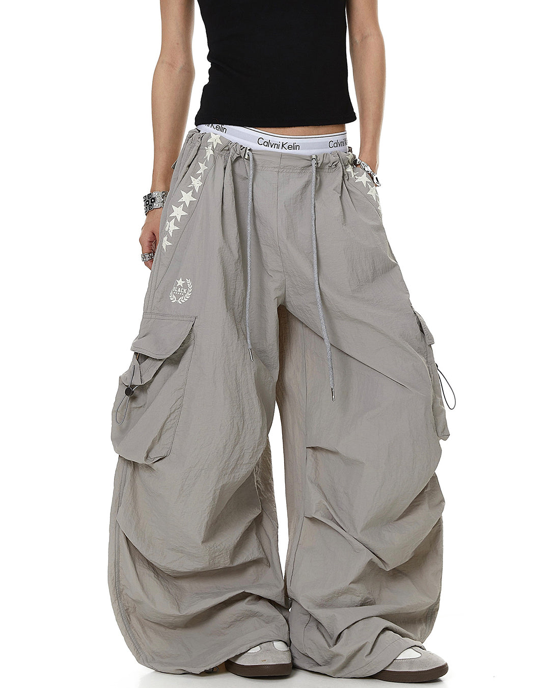 STAR PRINT PLEATED QUICK-DRY CARGO PANTS - GREY
