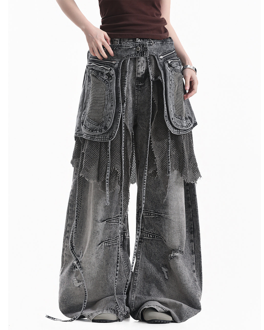 STREET CONVERTIBLE CARGO SCIMITAR DENIM PANTS - BLACK &amp; GREY
