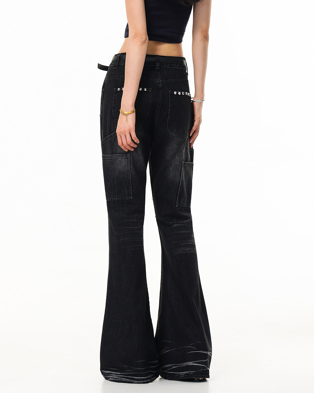 GOTHIC RIVET-STUDDED DISTRESSED FLARE JEANS - BLACK