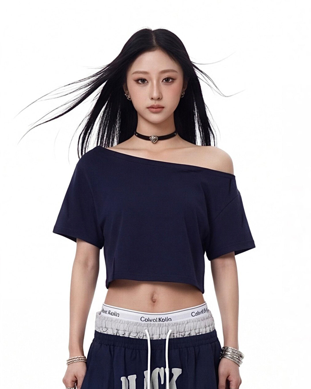 ASYMMETRIC OFF-SHOULDER CROPPED T-SHIRTS - NAVY BLUE