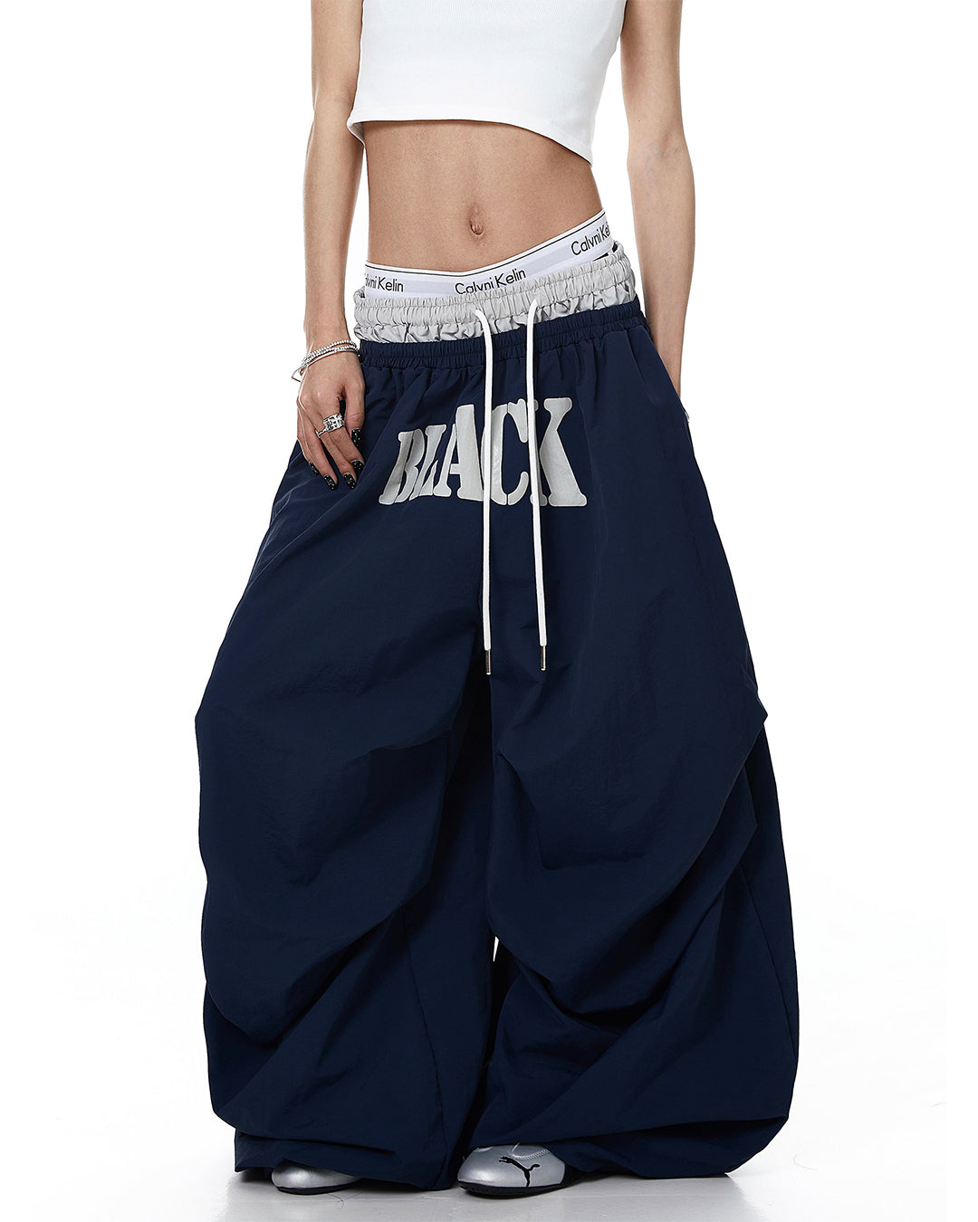 DOUBLE-WAIST LETTER PRINT PARACHUTE PANTS - NAVY BLUE