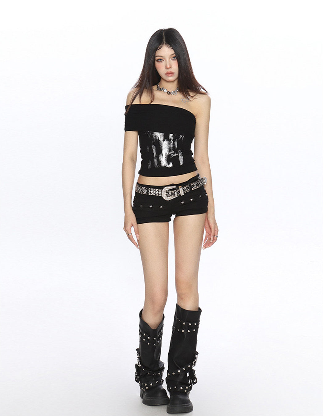 ONE-LINE SHOULDER T-SHIRTS - BLACK