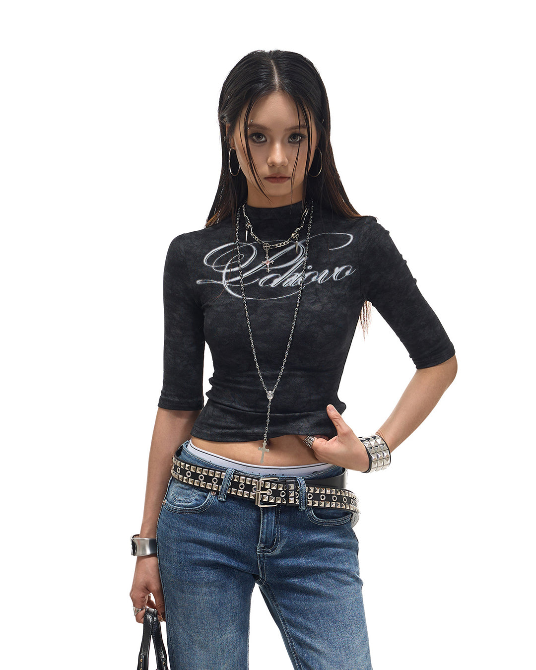 DISTRESSED MARBLE TEXTURE 3/4 SLEEVE T-SHIRTS - BLACK