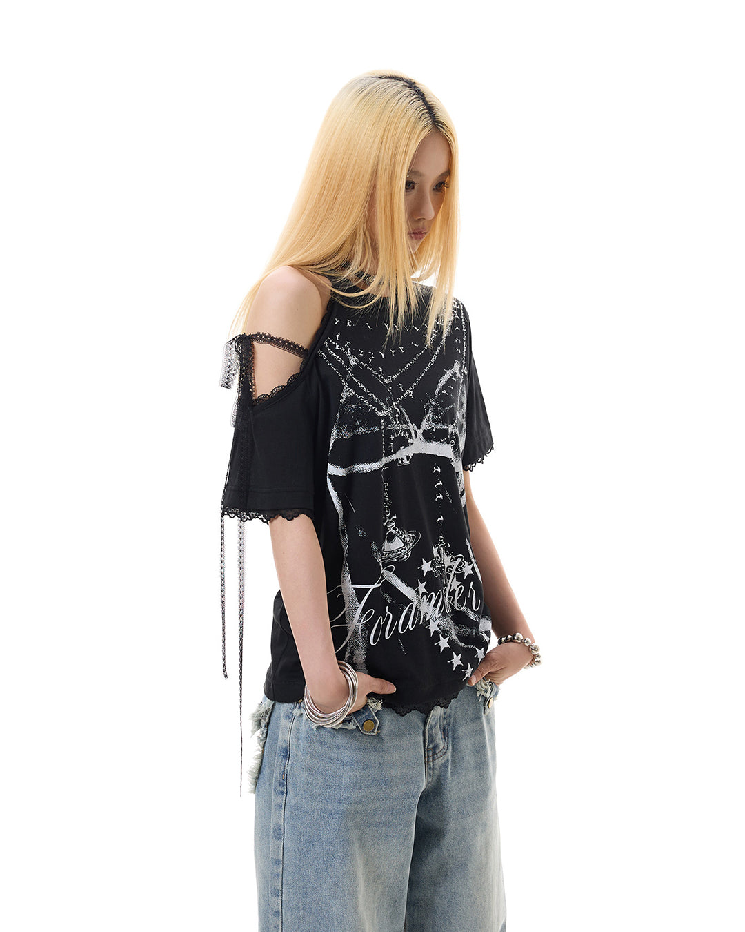 BIKINI PRINT LACE PANEL OFF-SHOULDER T-SHIRTS - BLACK