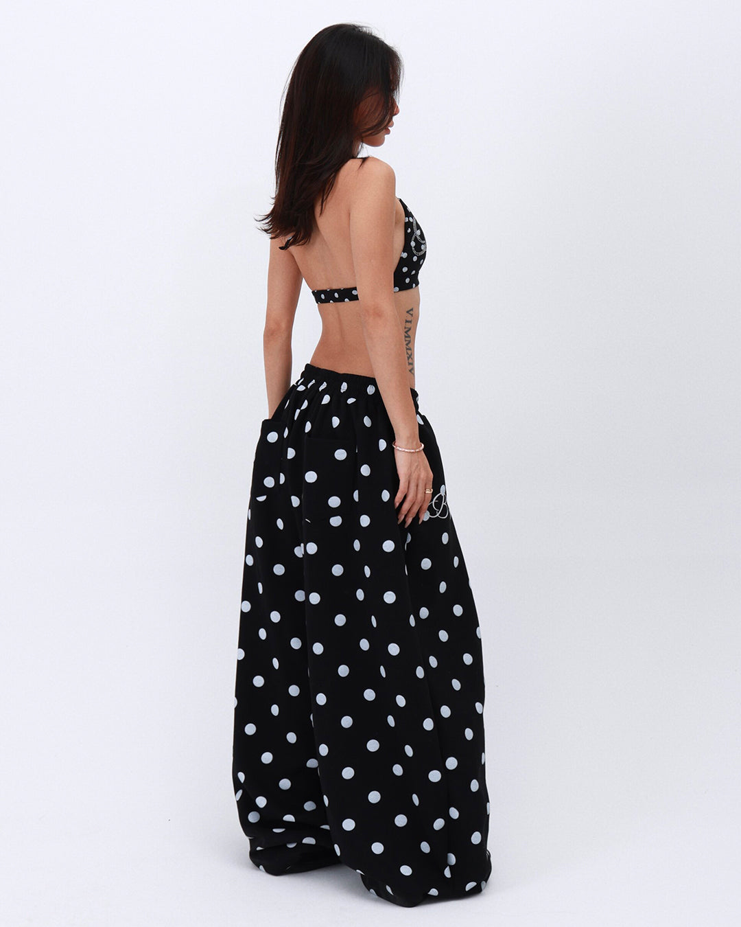 ALL-OVER POLKA DOT LOOSE FIT CASUAL PANTS - BLACK