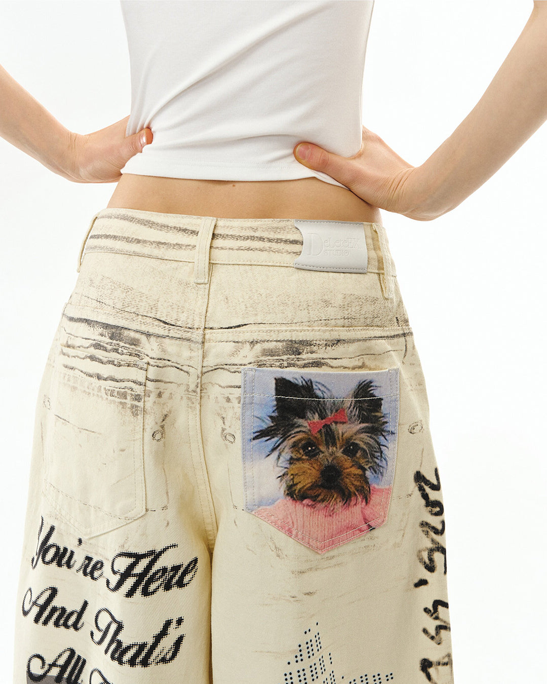 PLUSH PUPPY PRINT DENIM JEANS - OFF WHITE