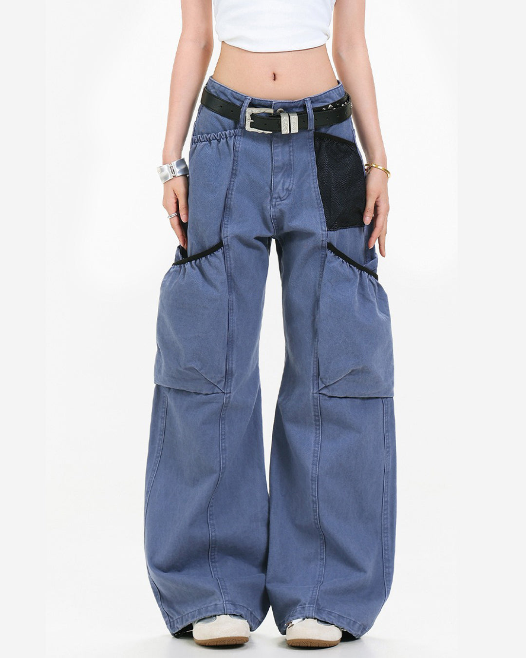 MESH BAG PATCHWORK MULTI-POCKET CARGO PANTS - BLUE