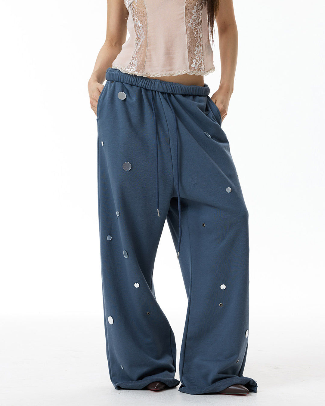 DISTRESSED SEQUIN STRAIGHT-LEG SWEATPANTS - MISTY BLUE