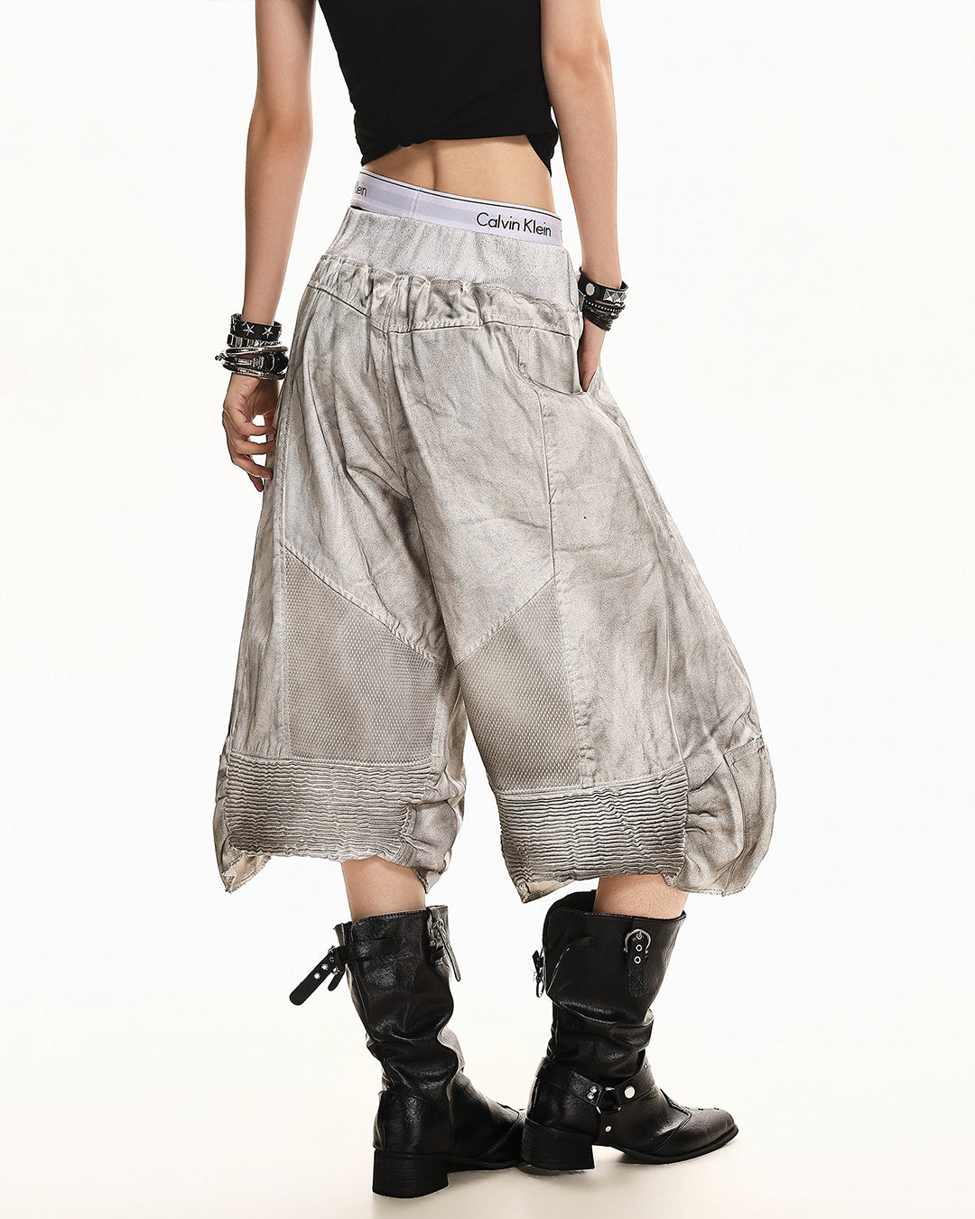 DIRTY WASH DISTRESSED CROPPED DENIM JEANS - WHITE
