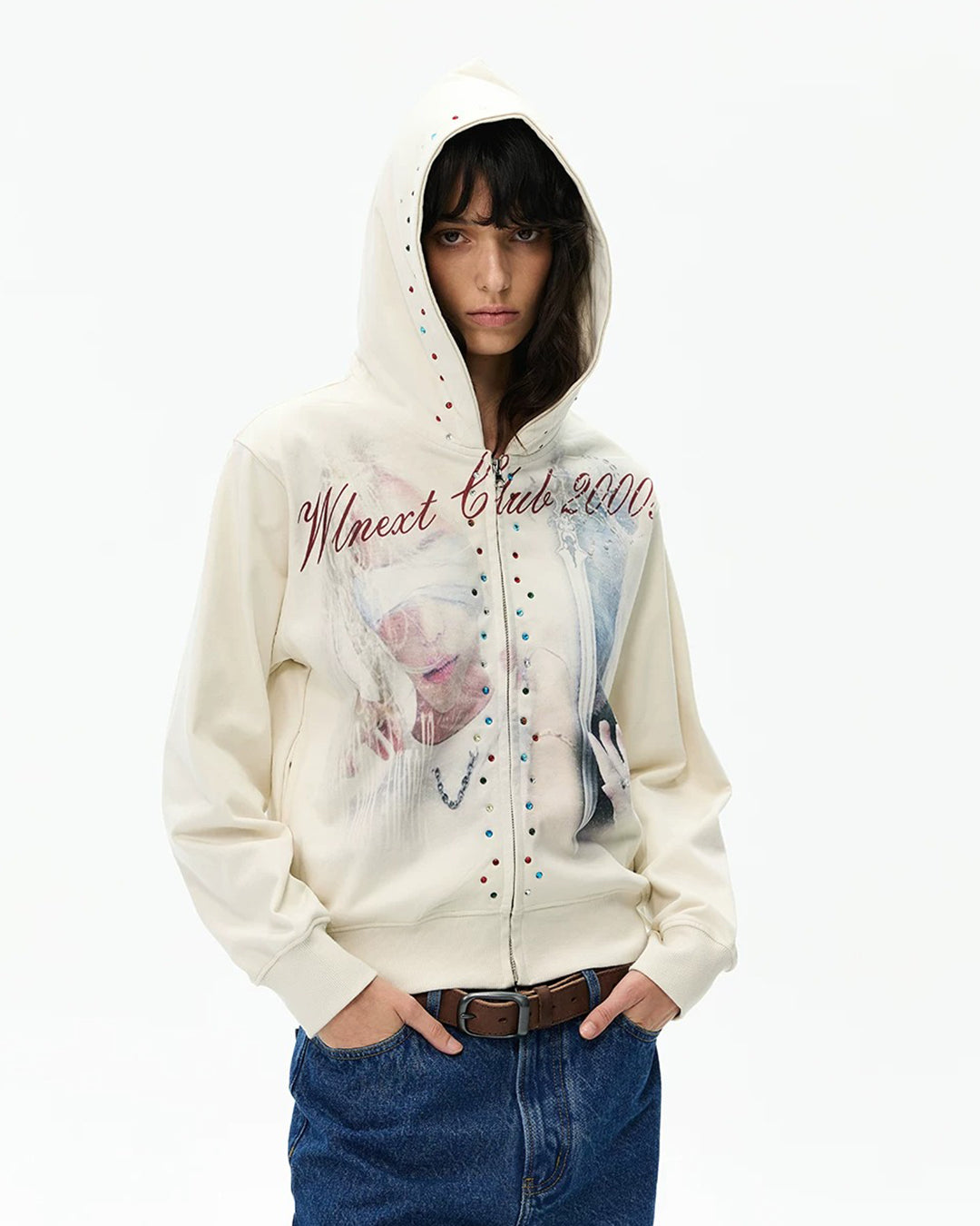 CROPPED RHINESTONE ZIP-UP HOODIES - Beige