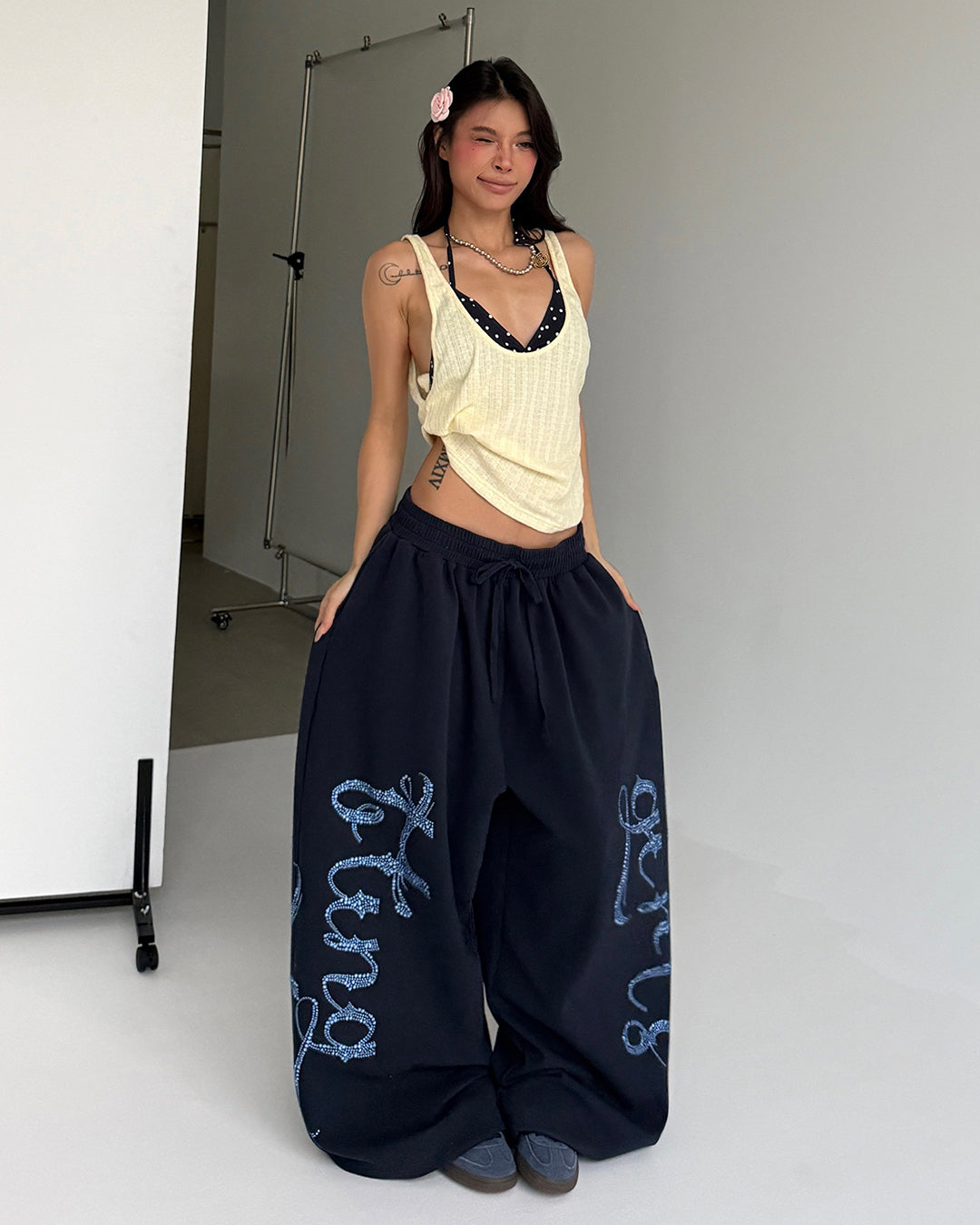 RHINESTONE LETTER TRAINING SWEATPANTS - NAVY BLUE
