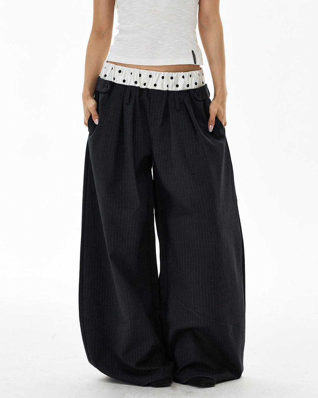 POLKA DOT DOUBLE WAIST STRIPED CASUAL PANTS - GRAY