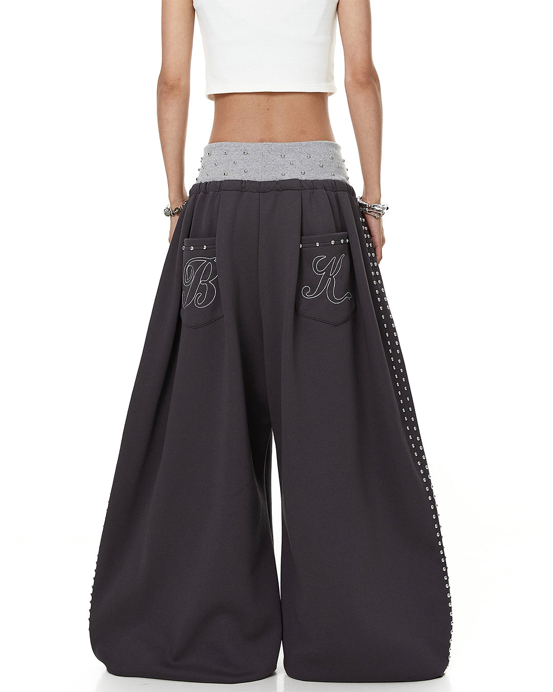DOUBLE WAISTBAND BEADED EMBROIDERED SWEATPANTS - DARK GRAY