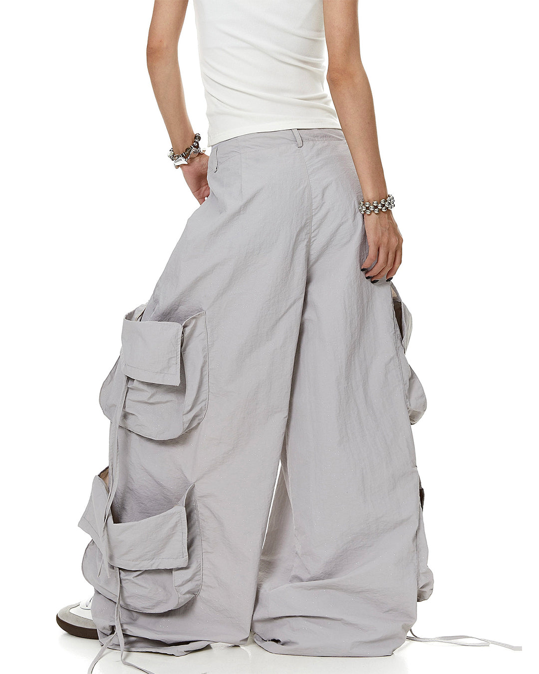 ALL-OVER SEQUIN STUDDED PARACHUTE CARGO PANTS -  GRAY