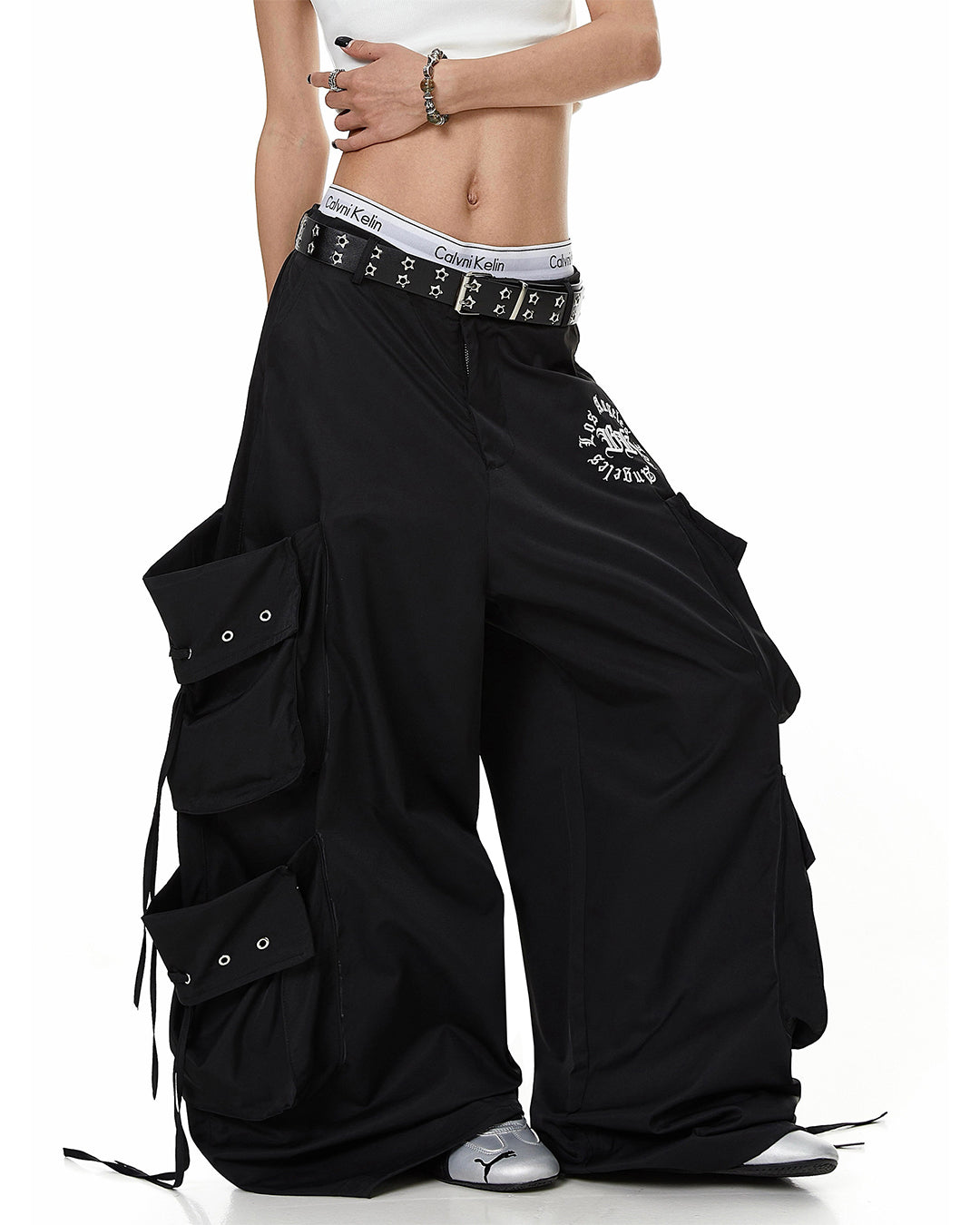 MULTI-POCKET PARACHUTE DANCE CARGO PANTS - BLACK