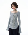 SLIM FIT FLARE SLEEVE KNIT TOPS - GREY