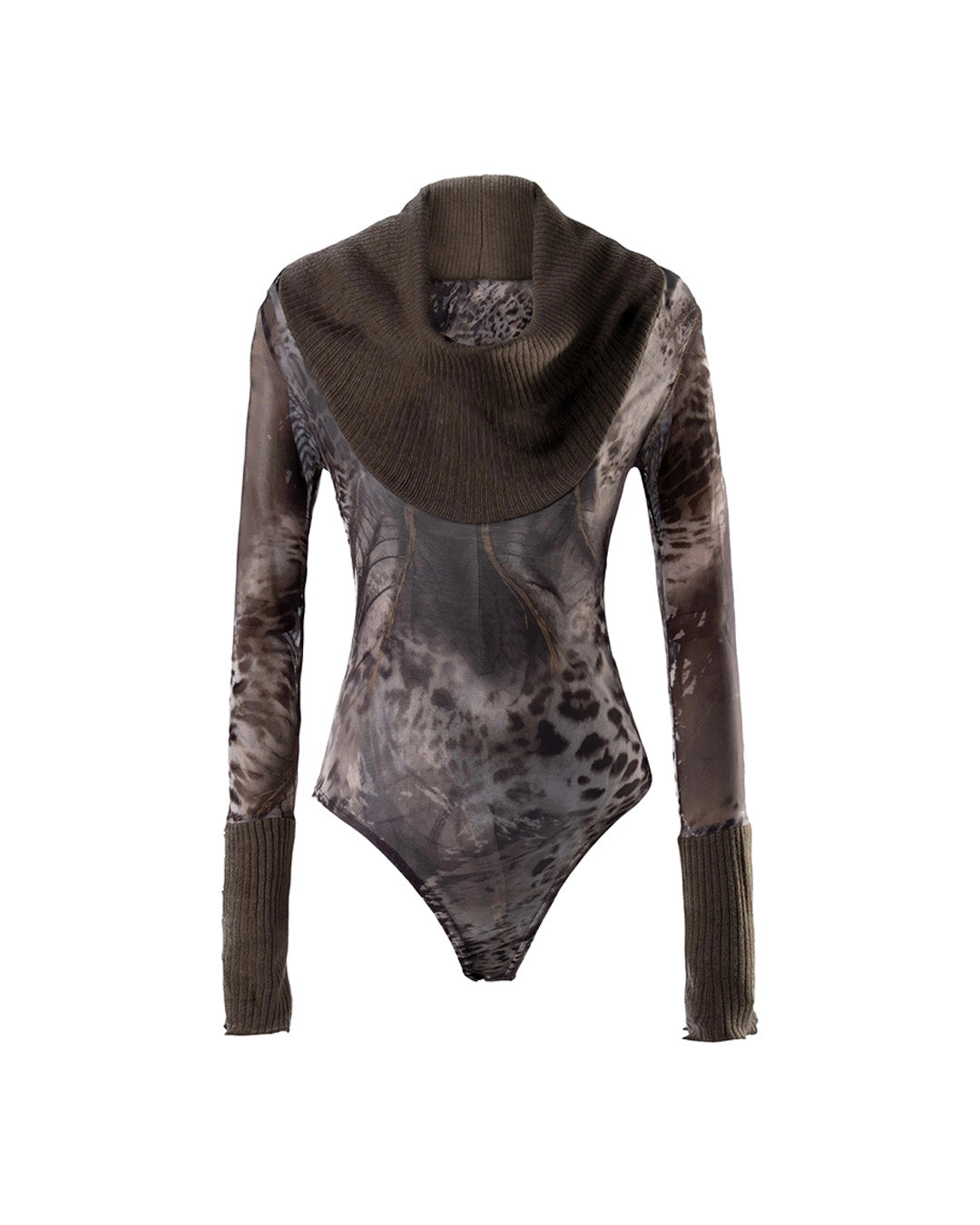 MESH KNIT PATCHWORK LEOPARD PRINT BODYSUITS - COFFEE