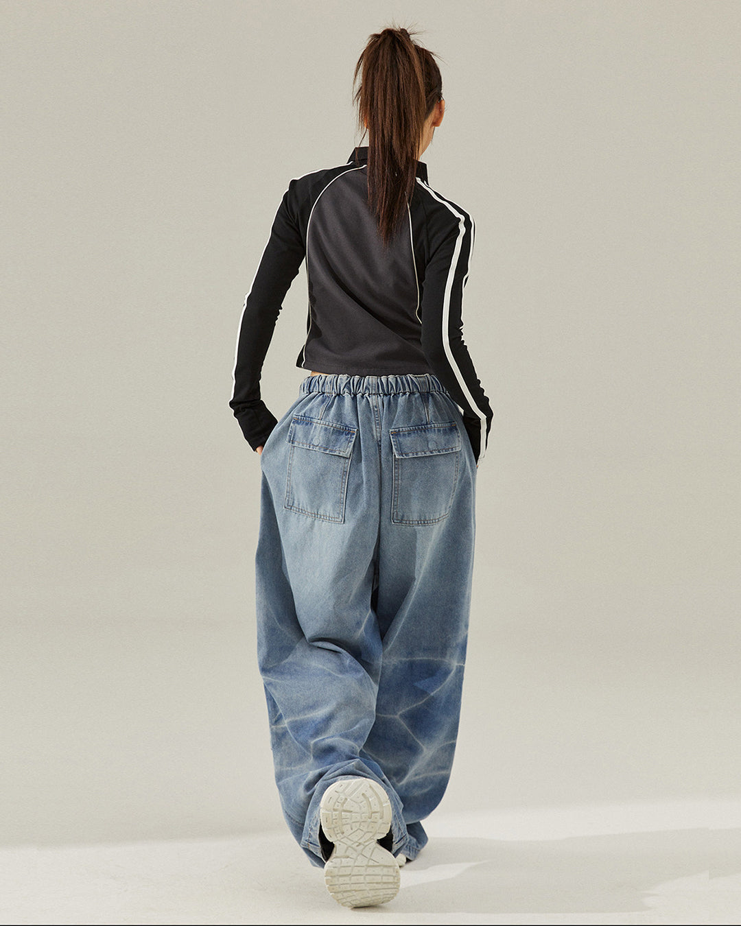 WAVE EMBROIDERY JAZZ DANCE DENIM PANTS - BLUE