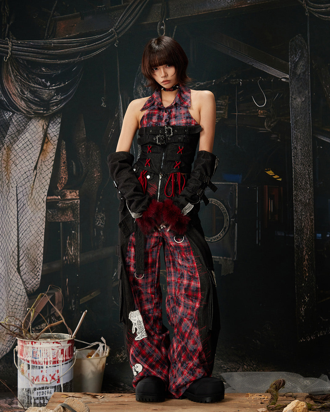 EMBROIDERED PATCHWORK PLAID DENIM PANTS - BLACK &amp; RED
