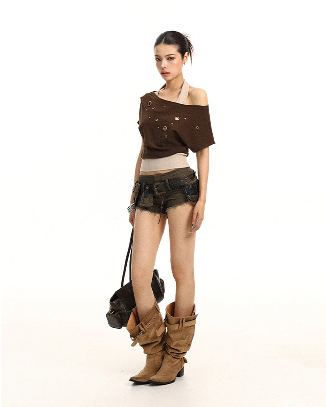 ASYMMETRIC METAL BUCKLE LAYERED T-SHIRTS - COFFEE