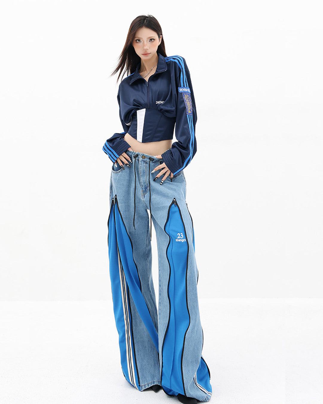 WAIST-TIE PATCHWORK CROPPED JACKETS - DEEP BLUE