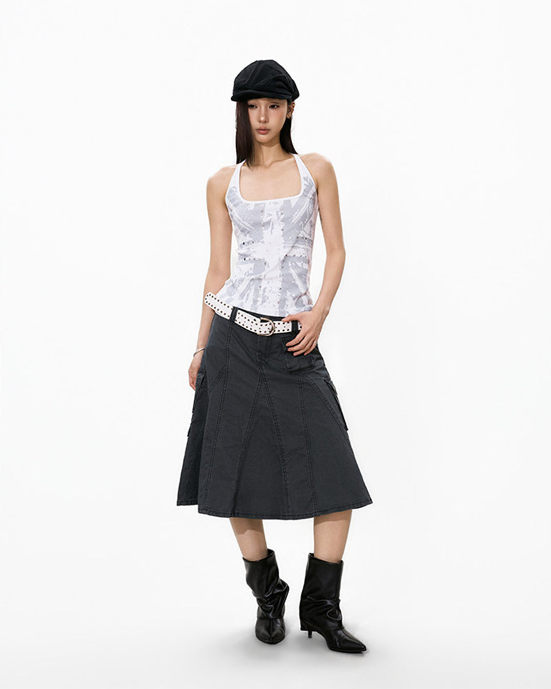 VINTAGE WASH UTILITY MIDI SKIRTS - GREY