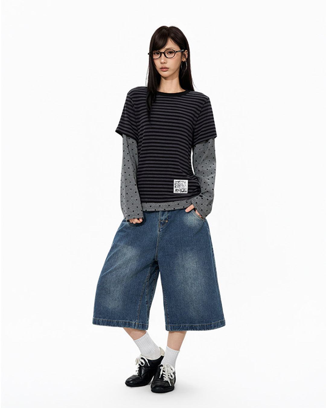 FAUX LAYERED STRIPED PATCHWORK POLKA DOT TOPS - GREY