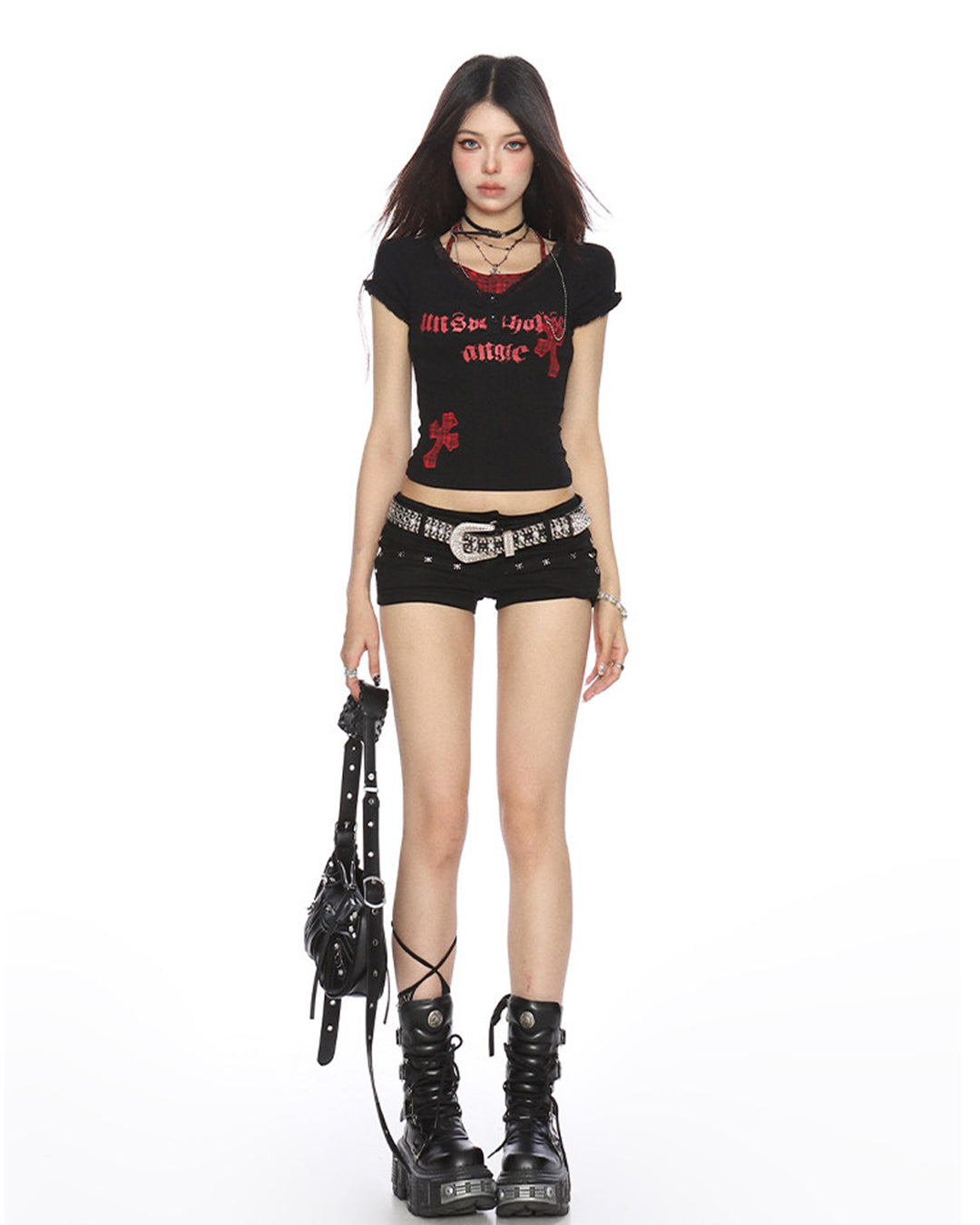 PLAID FAUX LAYERED HALTER T-SHIRTS - BLACK