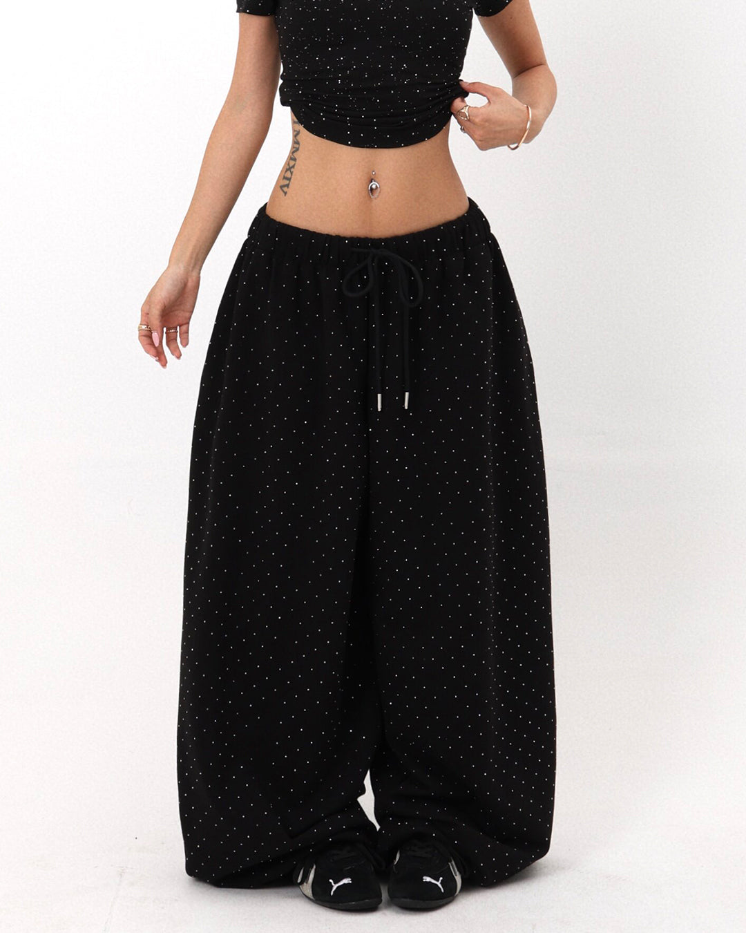 STARLIGHT RHINESTONE EMBELLISHED JAZZ PANTS - BLACK