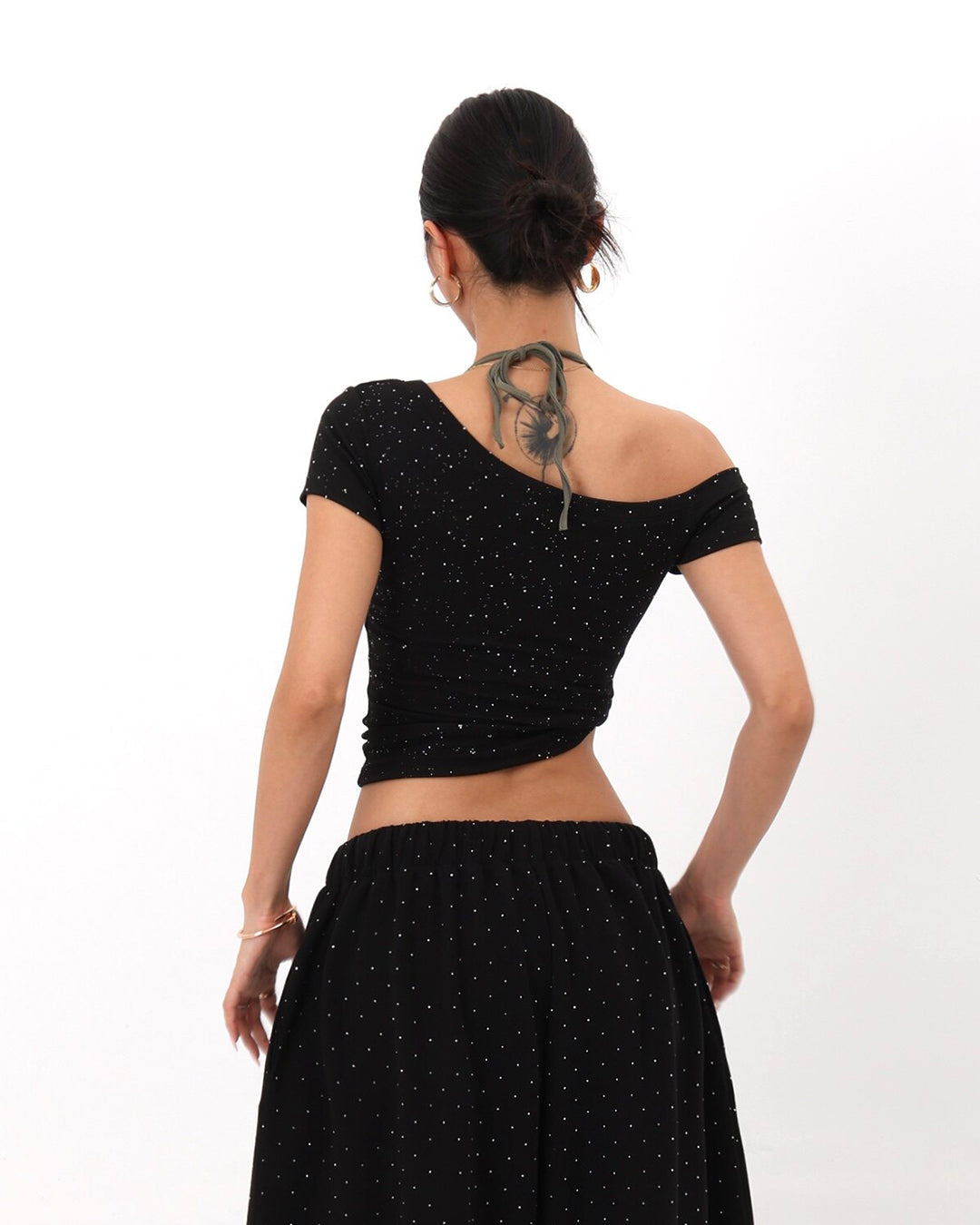 STARLIGHT RHINESTONE ONE-SHOULDER T-SHIRTS - BLACK