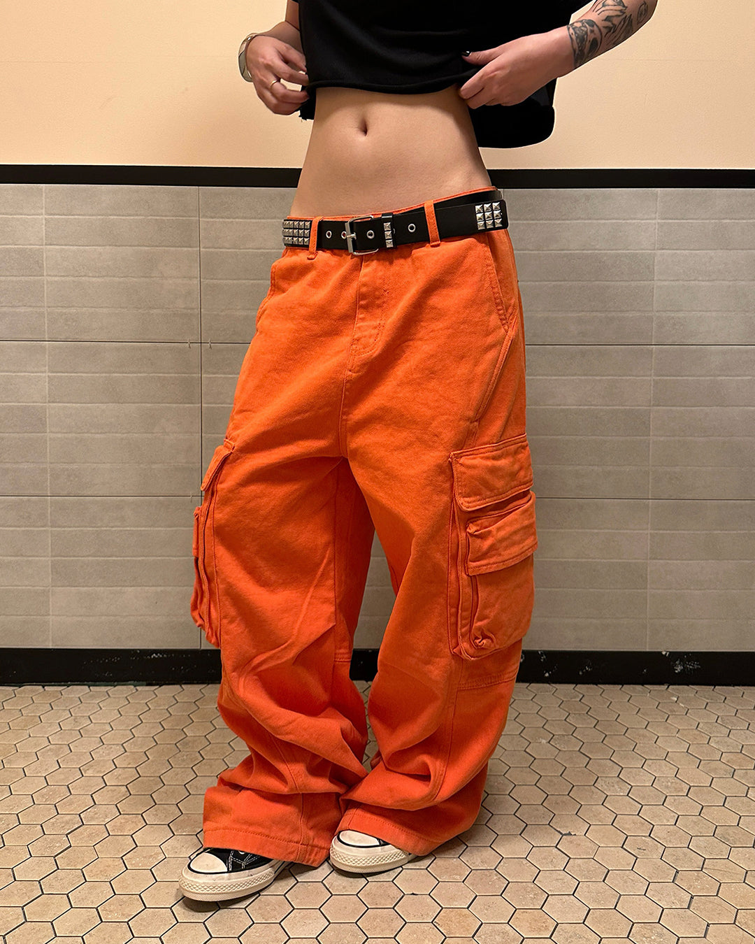 MULTI-POCKET WIDE LEG CARGO PANTS - ORANGE