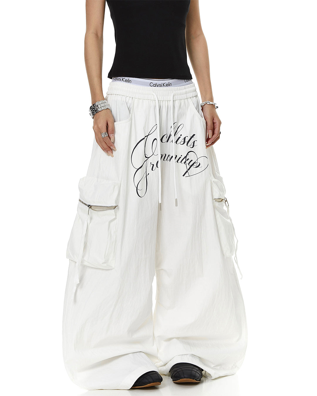LETTER PRINT MULTI-POCKET PARACHUTE CARGO PANTS - WHITE