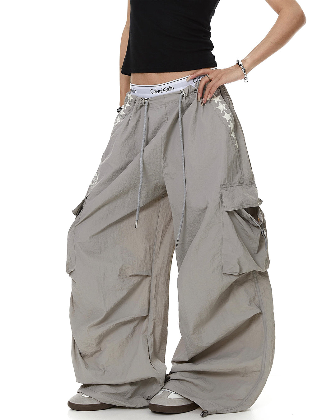 STAR PRINT PLEATED QUICK-DRY CARGO PANTS - GREY