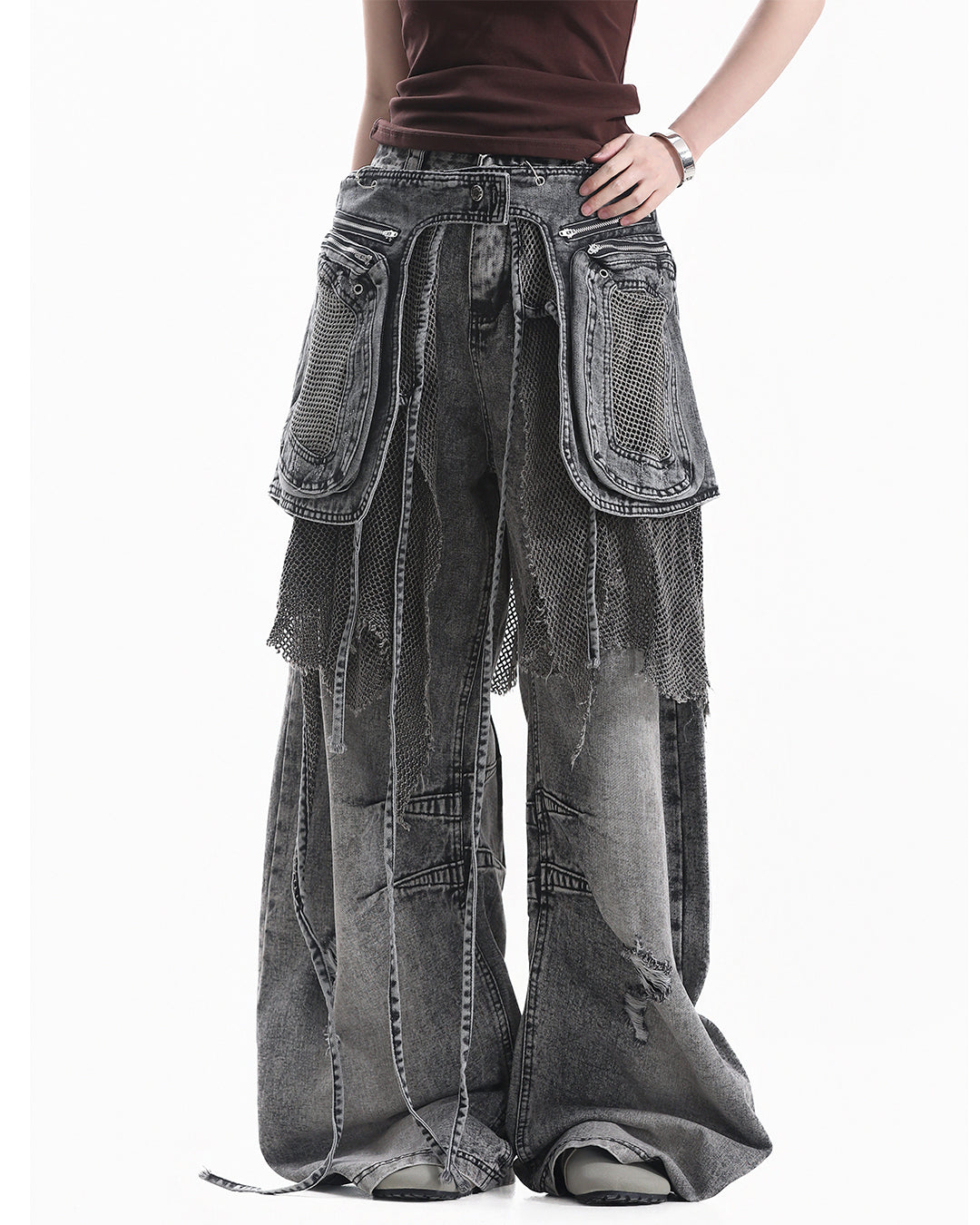 STREET CONVERTIBLE CARGO SCIMITAR DENIM PANTS - BLACK &amp; GREY