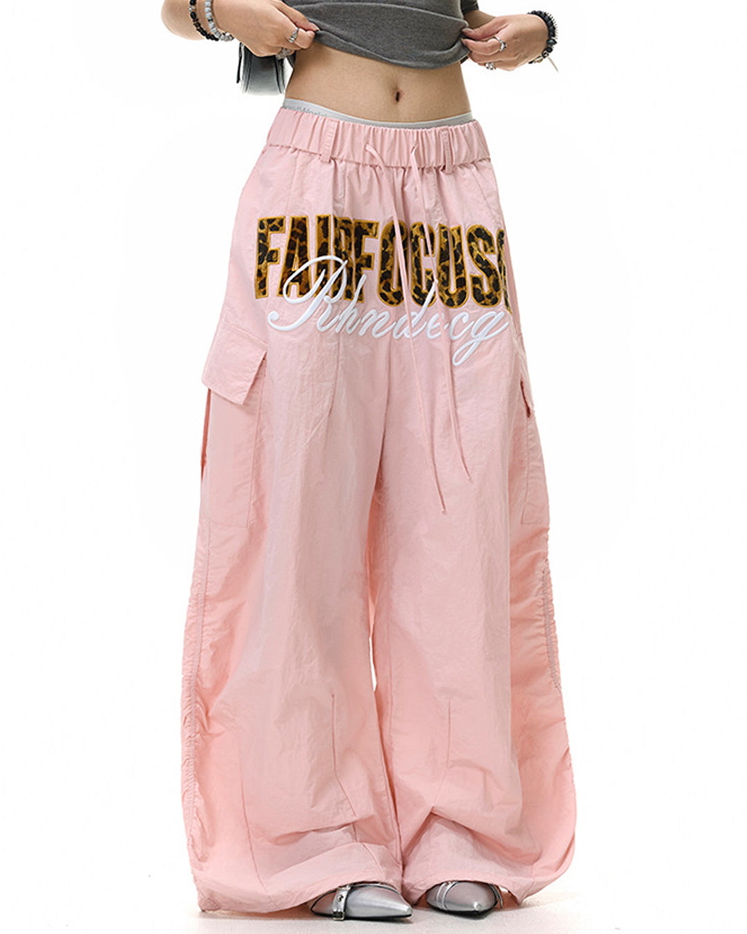 LEOPARD LETTER EMBROIDERY PARACHUTE PANTS - PINK