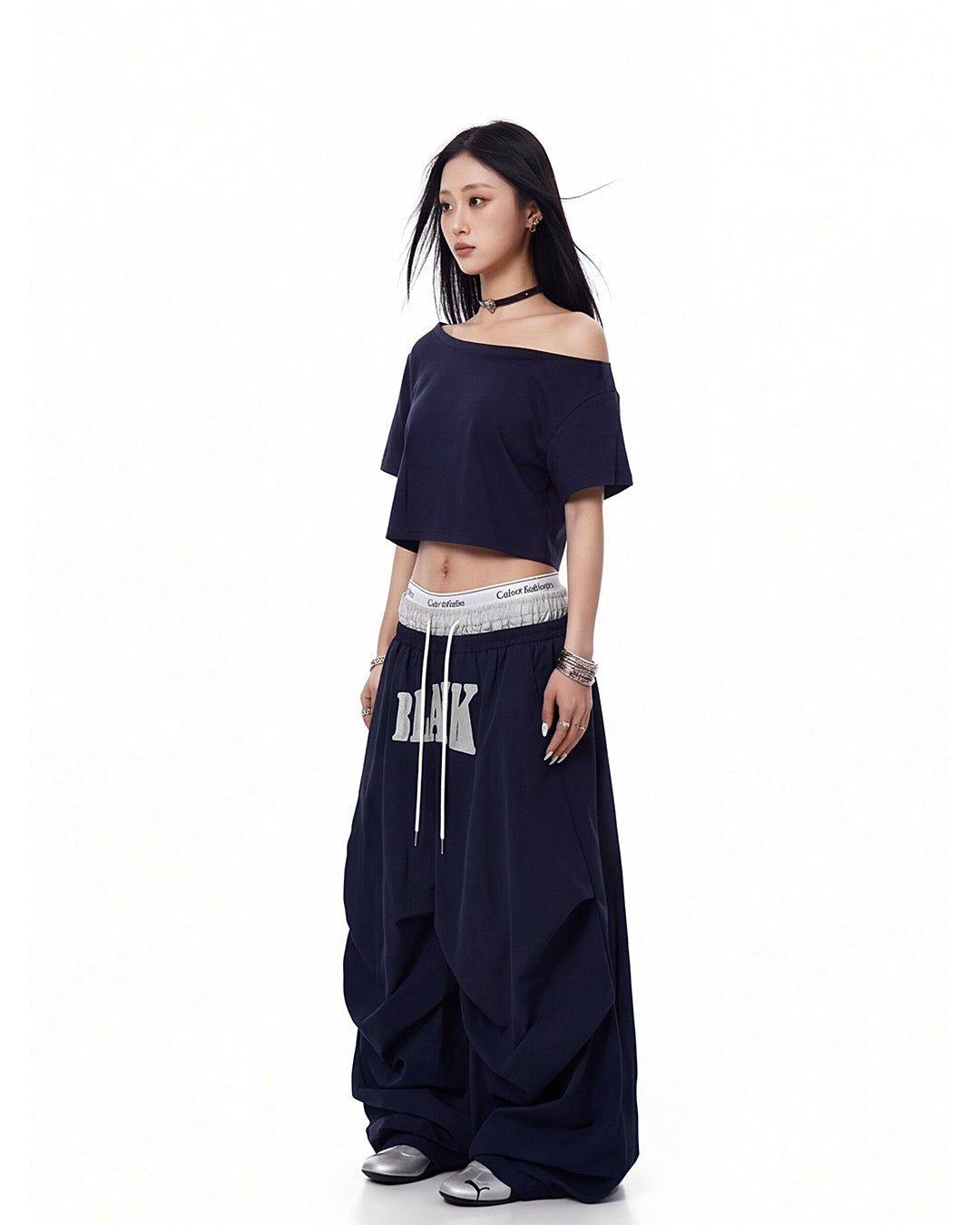 ASYMMETRIC OFF-SHOULDER CROPPED T-SHIRTS - NAVY BLUE