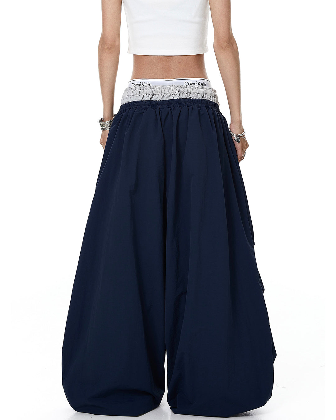 DOUBLE-WAIST LETTER PRINT PARACHUTE PANTS - NAVY BLUE